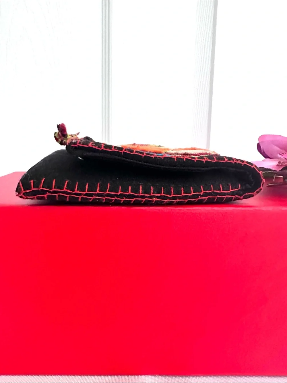 WALLET ~ Handcrafted Black Felt Floral Wallet w/Multicolor Appliqué Accents